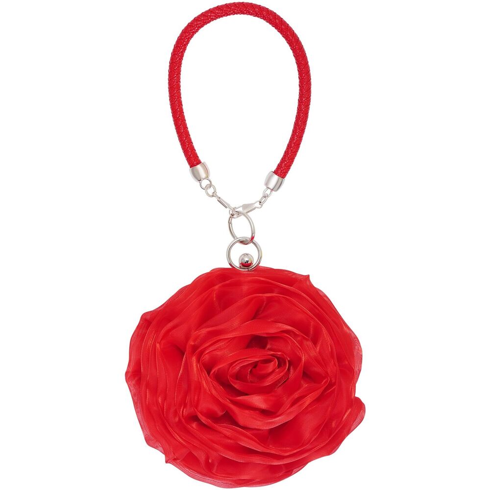 7328 Rose Clutch Satin Rose Shaped Clutch Handbag Floral Evening Bag Red